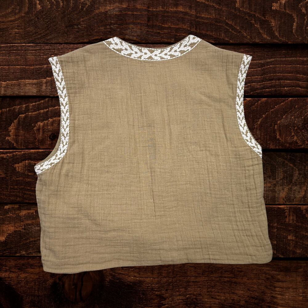 Zara Embroidered Floral Cotton Open Front Vest Boho Khaki White Small - Picture 3 of 9